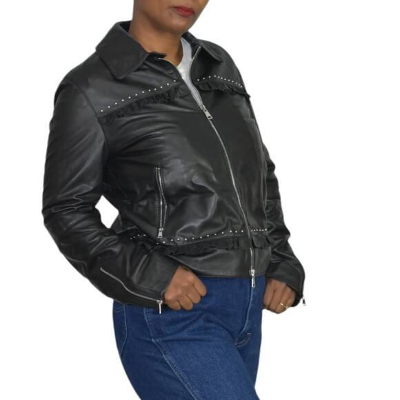 Max Mara Marella Dacia Leather Jacket Black Ruffle Studded Biker Boxy Moto Siz 8 - Picture 13 of 16